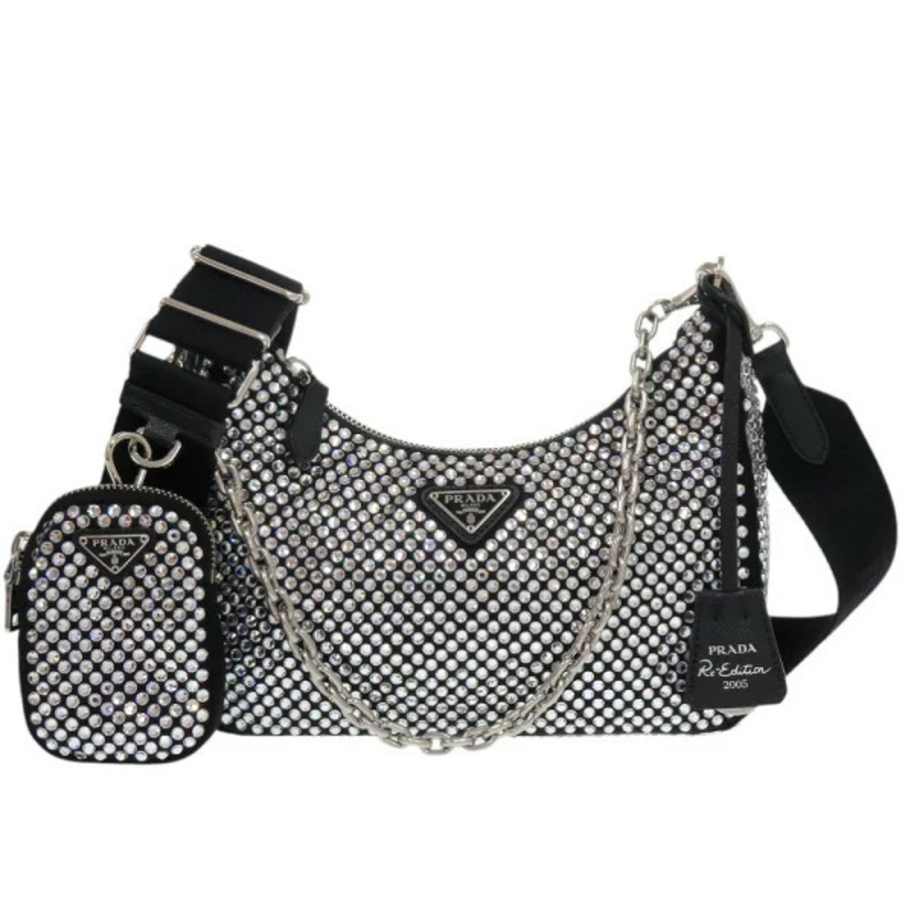 Prada Re Edition Crystal Satin Silver Black Shoulder Bag